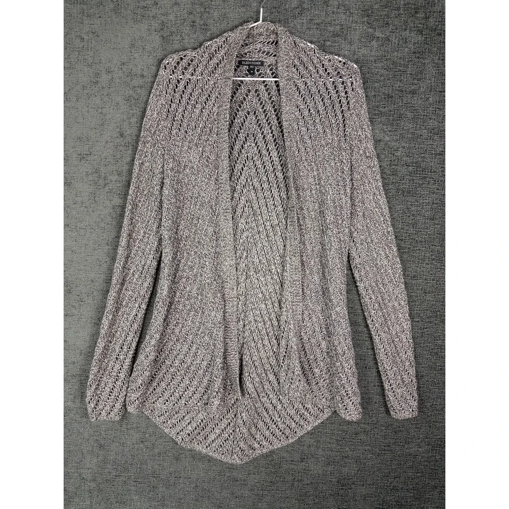 Eileen Fisher Cardigan Womens M Gray Crochet Long Open Front Cotton‎ Minimalist